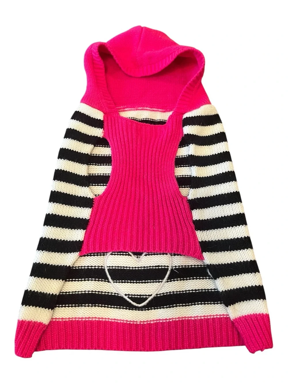 Bright Pink & Black Striped Hooded Knit Sweater Medium